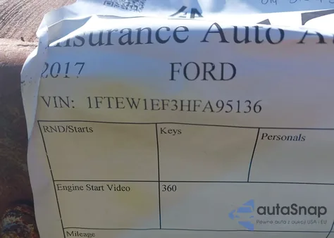 2017 Ford F-150 Lariat z USA, uszkodzony, nr VIN 1FTEW1EF3HFA95136